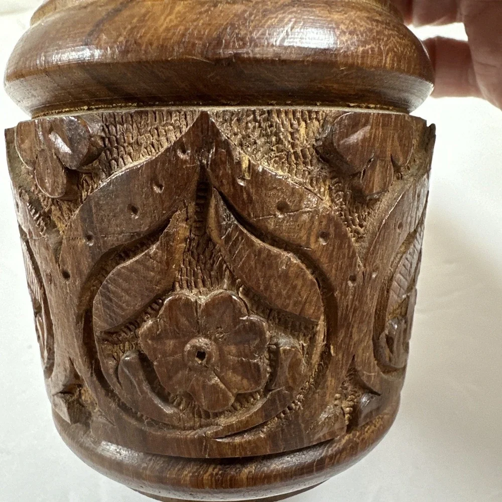 Hand Carved Wooden Lidded Jar Made in India 5